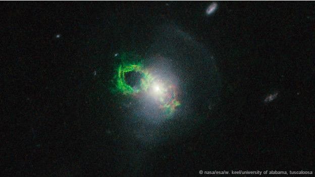 Bu yeşil ışık tellerinin on binlerce ışık yılı uzunluğundaki gaz bulutları olduğu sanılıyor. Ayrı galaksilerin çok uzun zaman önce birleşmesi sonucu oluşan yerçekimi kuvveti bu bulutları birbirinden uzaklaştırıyor.
Bu ilginç şekiller, galaksi dışında